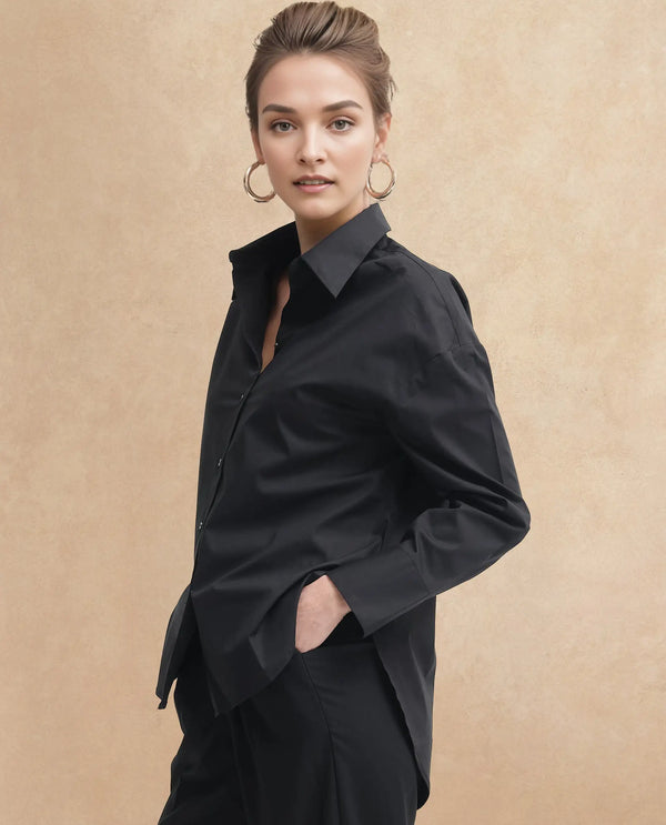 Rareism Women Matsue Black Cotton Fabric Full Sleeve Collared Neck   Solid Shirt