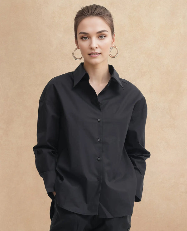 Rareism Women Matsue Black Cotton Fabric Full Sleeve Collared Neck   Solid Shirt