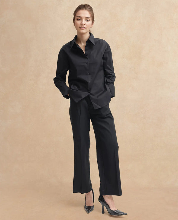 Rareism Women Matsue Black Cotton Fabric Full Sleeve Collared Neck   Solid Shirt