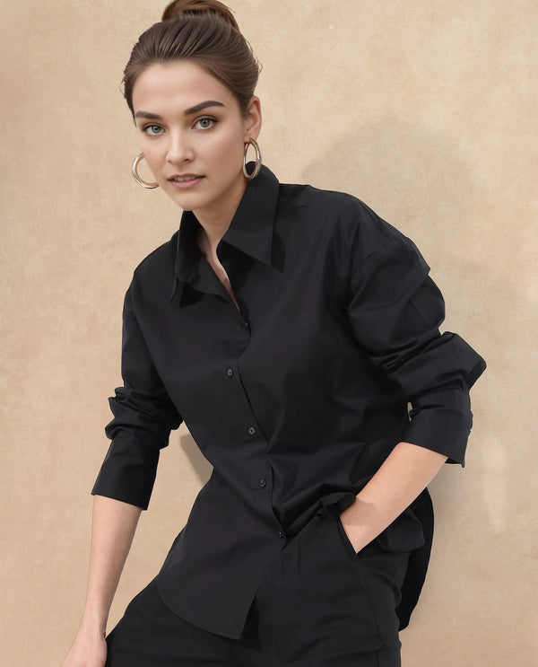 Rareism Women Matsue Black Cotton Fabric Full Sleeve Collared Neck   Solid Shirt