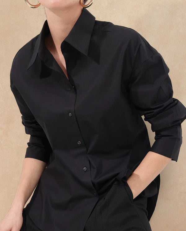 Rareism Women Matsue Black Cotton Fabric Full Sleeve Collared Neck   Solid Shirt