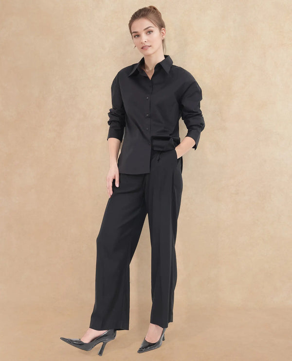 Rareism Women Matsue Black Cotton Fabric Full Sleeve Collared Neck   Solid Shirt