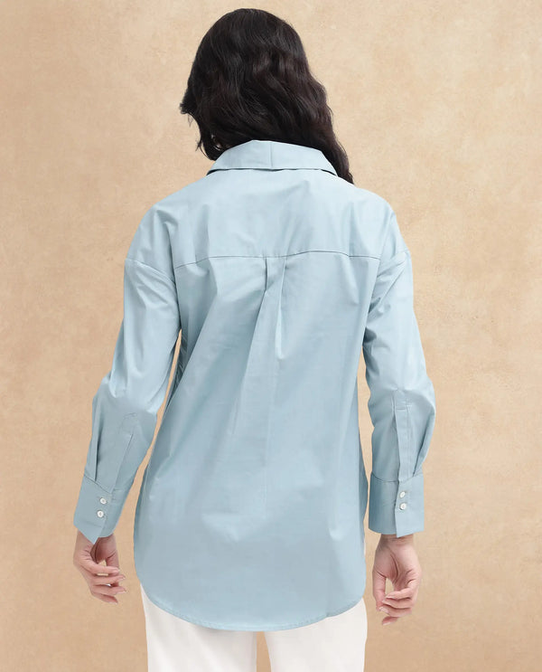 Rareism Women Matsue Light Blue Cotton Fabric Full Sleeve Collared Neck   Solid Shirt