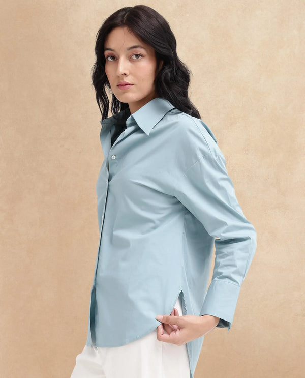 Rareism Women Matsue Light Blue Cotton Fabric Full Sleeve Collared Neck   Solid Shirt