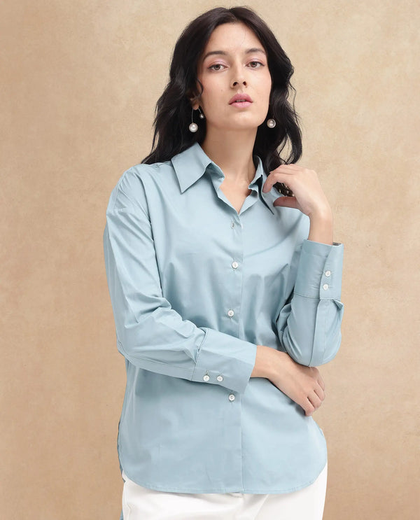 Rareism Women Matsue Light Blue Cotton Fabric Full Sleeve Collared Neck   Solid Shirt