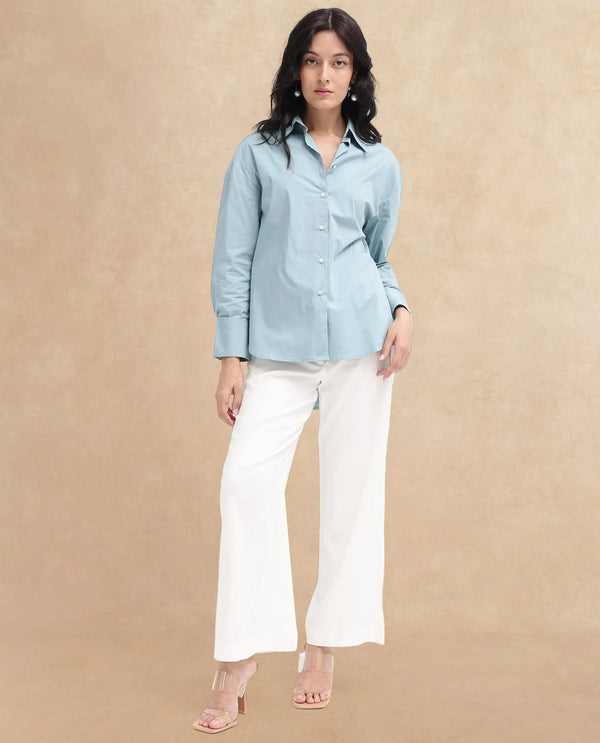 Rareism Women Matsue Light Blue Cotton Fabric Full Sleeve Collared Neck   Solid Shirt
