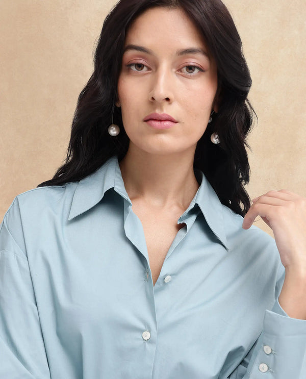 Rareism Women Matsue Light Blue Cotton Fabric Full Sleeve Collared Neck   Solid Shirt