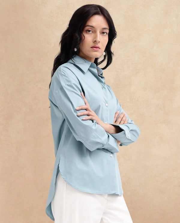 Rareism Women Matsue Light Blue Cotton Fabric Full Sleeve Collared Neck   Solid Shirt