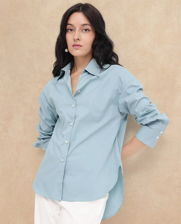 Rareism Women Matsue Light Blue Cotton Fabric Full Sleeve Collared Neck   Solid Shirt