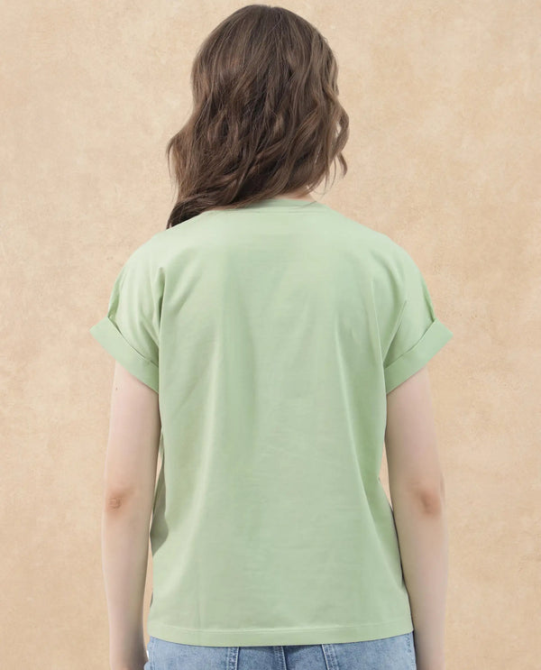 Rareism Women Mattadu Pastel Green Cotton Elastane Fabric Crew Neck Knit Solid T-Shirt