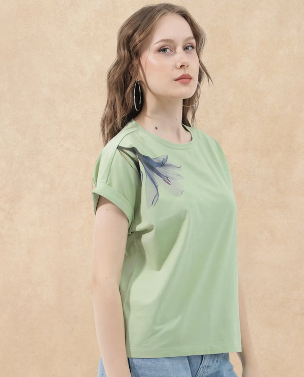 Rareism Women Mattadu Pastel Green Cotton Elastane Fabric Crew Neck Knit Solid T-Shirt