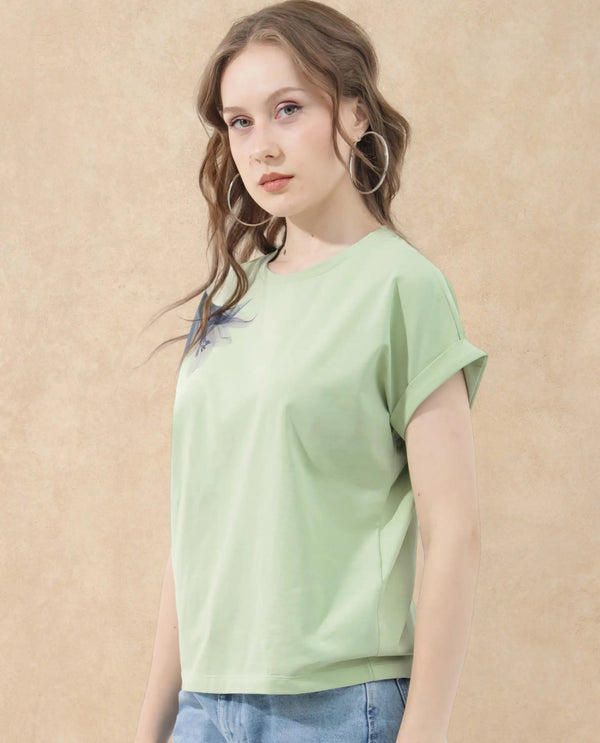 Rareism Women Mattadu Pastel Green Cotton Elastane Fabric Crew Neck Knit Solid T-Shirt