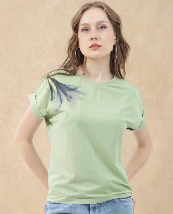 Rareism Women Mattadu Pastel Green Cotton Elastane Fabric Crew Neck Knit Solid T-Shirt