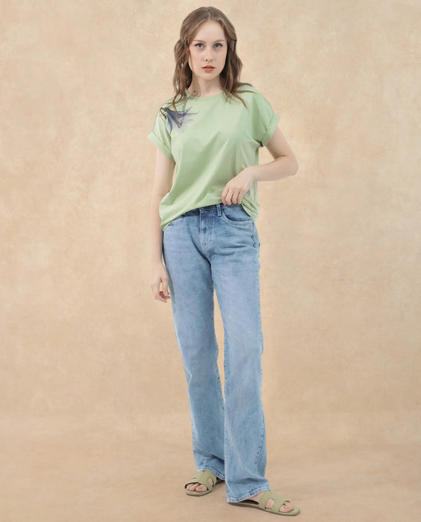 Rareism Women Mattadu Pastel Green Cotton Elastane Fabric Crew Neck Knit Solid T-Shirt