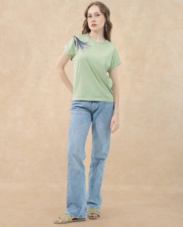 Rareism Women Mattadu Pastel Green Cotton Elastane Fabric Crew Neck Knit Solid T-Shirt