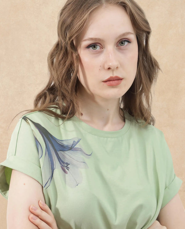 Rareism Women Mattadu Pastel Green Cotton Elastane Fabric Crew Neck Knit Solid T-Shirt