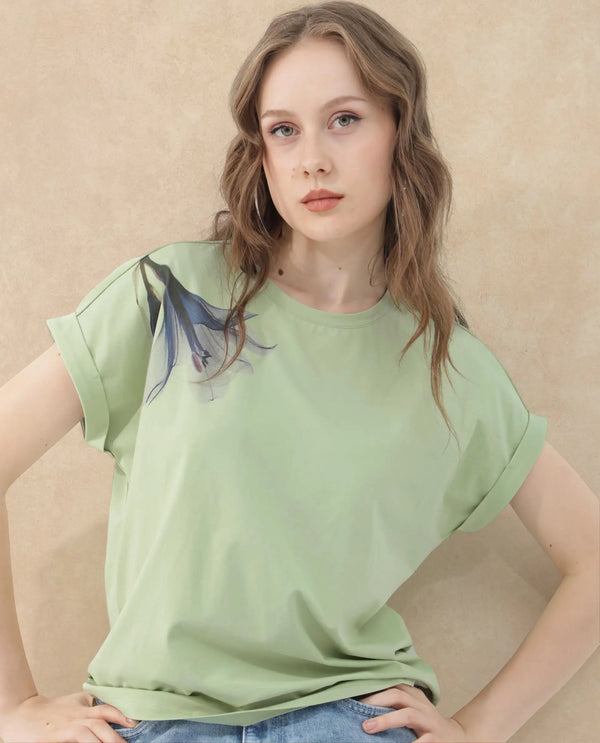 Rareism Women Mattadu Pastel Green Cotton Elastane Fabric Crew Neck Knit Solid T-Shirt