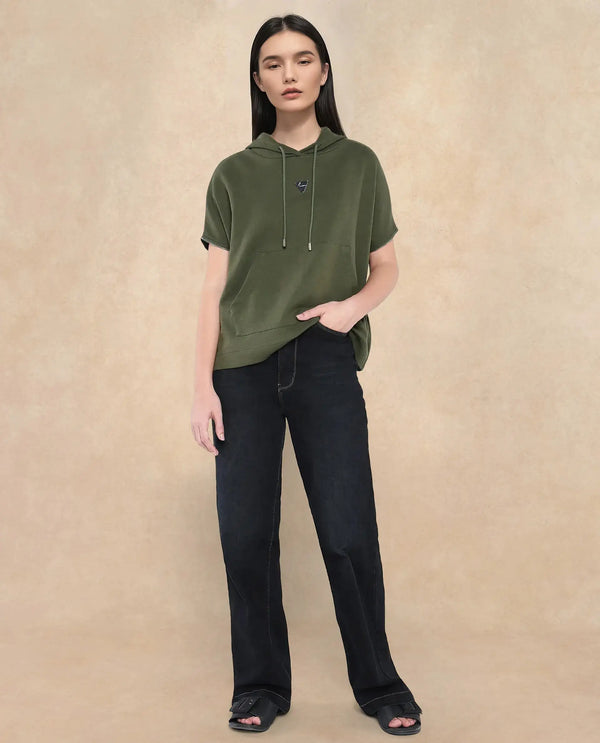 Rareism Women Matthew Olive Cotton Blend Fabric Extended Sleeves Hooded Zipper Closure Relaxed Fit Plain Sweatshirt