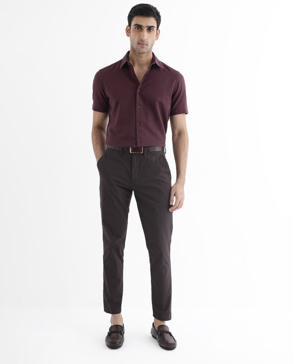 Rare Rabbit Men's Matto-1 Maroon Cotton Fabric Short Sleeve Regular Fit Self Stripe Dobby Shirt