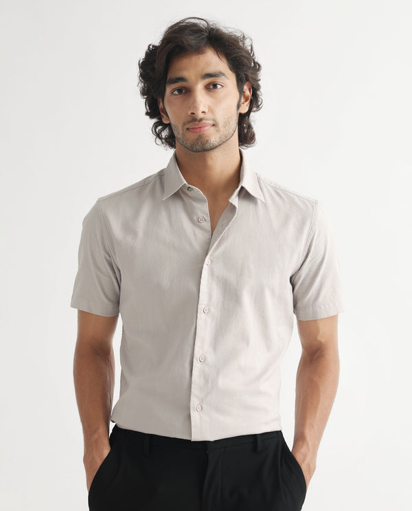 Rare Rabbit Men's Matto Grey Cotton Self Stripe Dobby Half Sleeves Shirt
