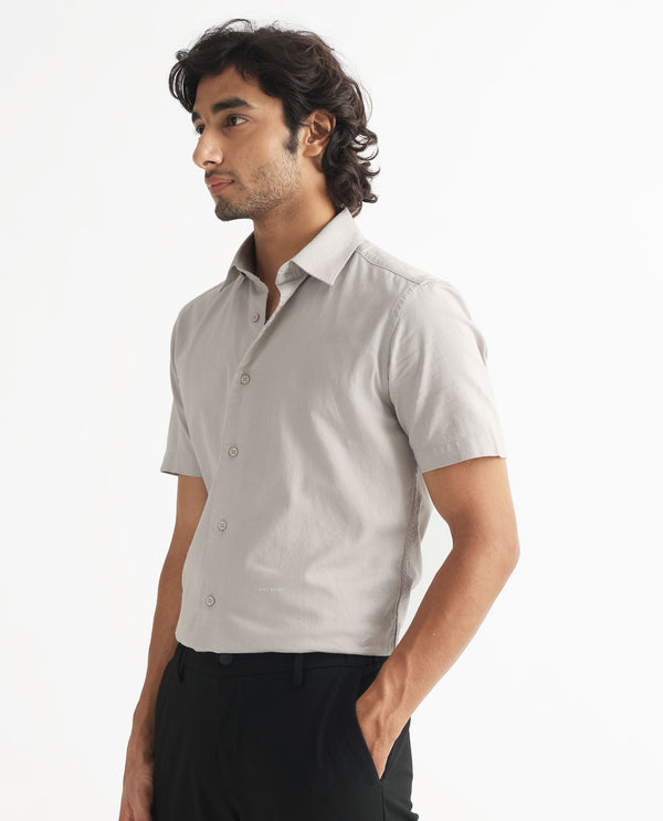 Rare Rabbit Men's Matto Grey Cotton Self Stripe Dobby Half Sleeves Shirt