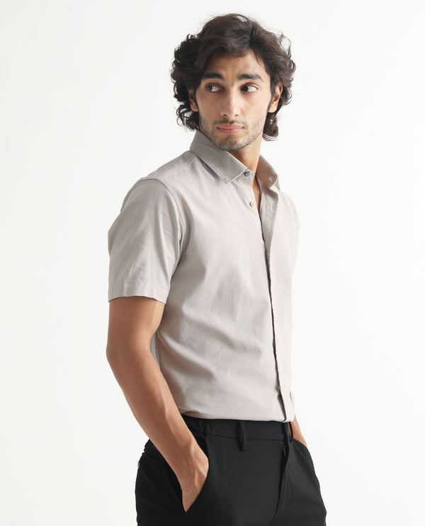 Rare Rabbit Men's Matto Grey Cotton Self Stripe Dobby Half Sleeves Shirt