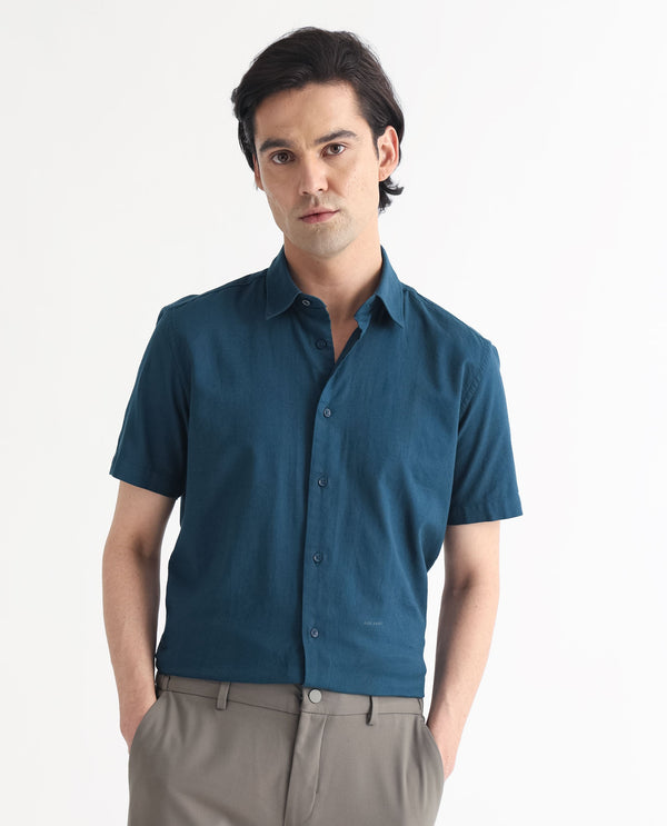 Rare Rabbit Men's Matto Petrol Cotton Fabric Short Sleeve Regular Fit Self Stripe Dobby Shirt