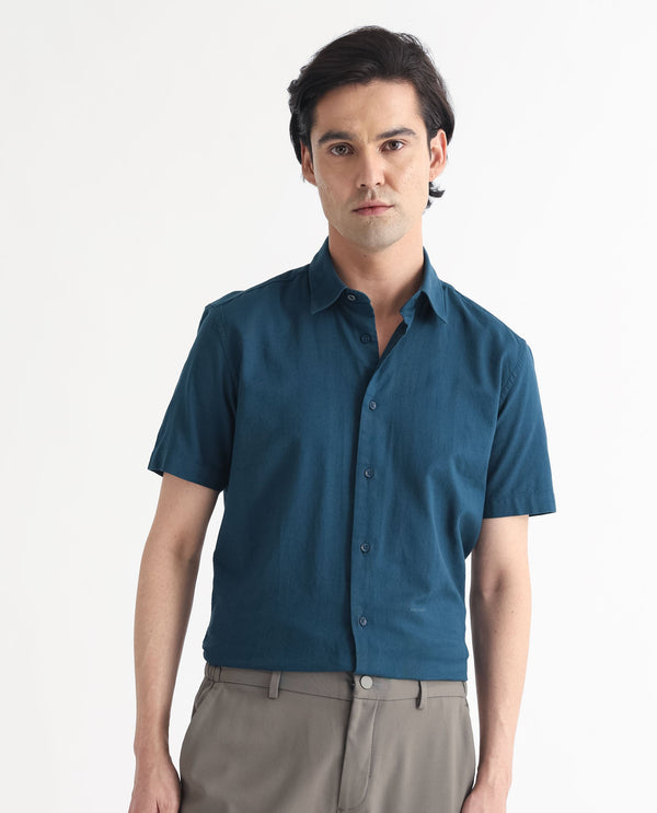 Rare Rabbit Men's Matto Petrol Cotton Fabric Short Sleeve Regular Fit Self Stripe Dobby Shirt
