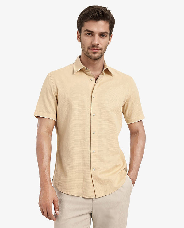 Rare Rabbit Men's Matto Light Yellow Cotton Fabric Short Sleeve Regular Fit Self Stripe Dobby Shirt