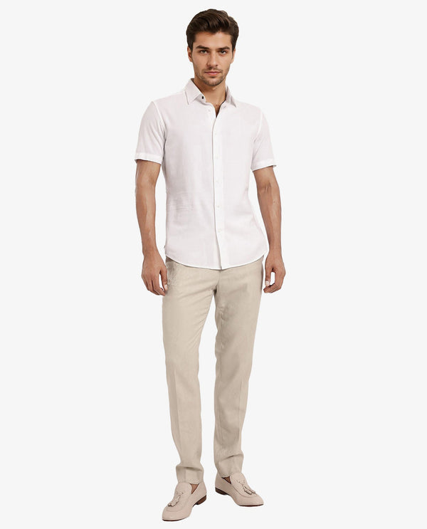 Rare Rabbit Men's Matto White Cotton Fabric Short Sleeve Regular Fit Self Stripe Dobby Shirt