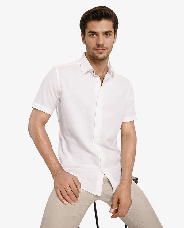Rare Rabbit Men's Matto White Cotton Fabric Short Sleeve Regular Fit Self Stripe Dobby Shirt