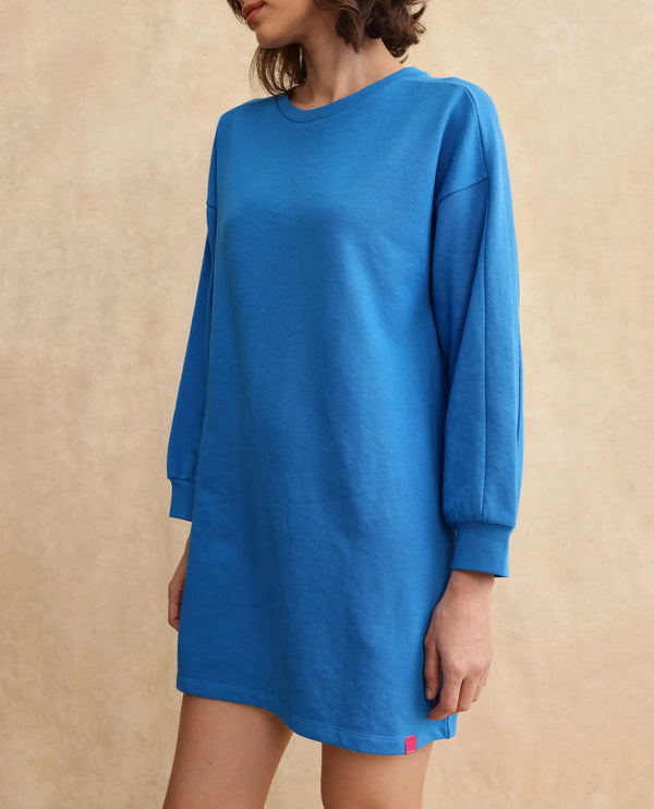 Rareism Women Mauritz Blue Cotton Blend Fabric Full Sleeve Crew Neck Relaxed Fit Knee Length Plain Sweatshirt