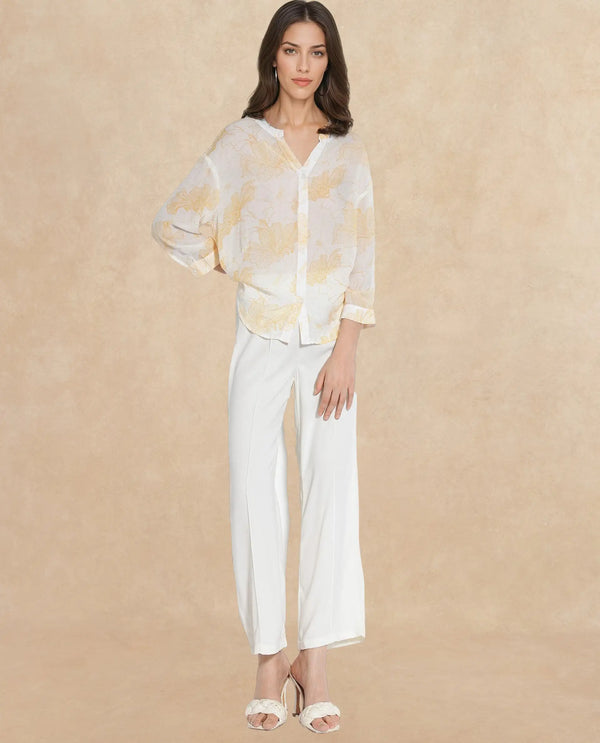 Rareism Women Mayton Light Yellow Button Closure Cuffed Sleeve Mandarin Collar Relaxed Fit Floral Print Shirt