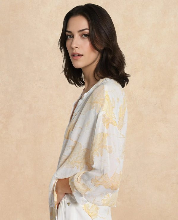 Rareism Women Mayton Light Yellow Button Closure Cuffed Sleeve Mandarin Collar Relaxed Fit Floral Print Shirt