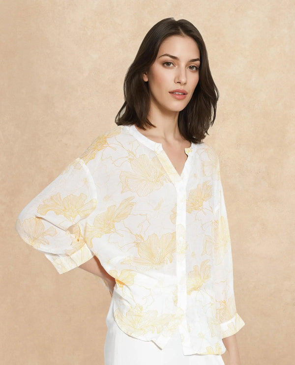 Rareism Women Mayton Light Yellow Button Closure Cuffed Sleeve Mandarin Collar Relaxed Fit Floral Print Shirt