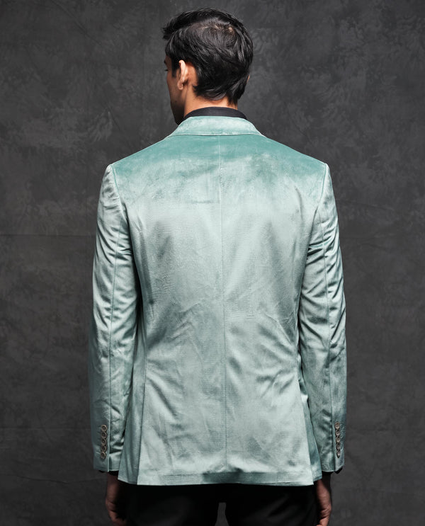 Rare Rabbit Men's Mazey Green Polyester Fabric Peak Lapel Single Breasted Tailored Fit Velvet Blazer