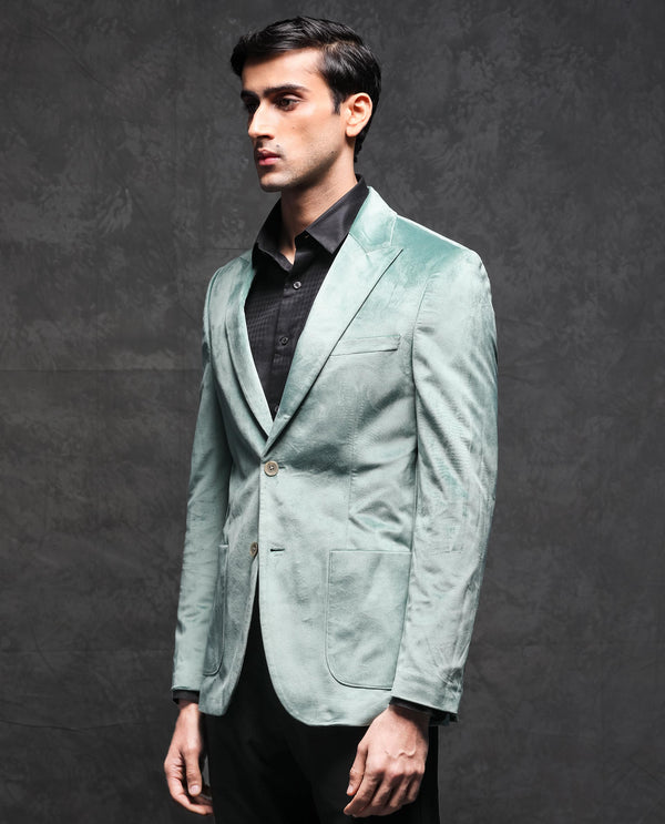 Rare Rabbit Men's Mazey Green Polyester Fabric Peak Lapel Single Breasted Tailored Fit Velvet Blazer
