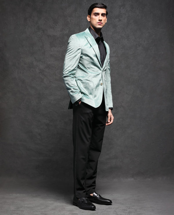 Rare Rabbit Men's Mazey Green Polyester Fabric Peak Lapel Single Breasted Tailored Fit Velvet Blazer