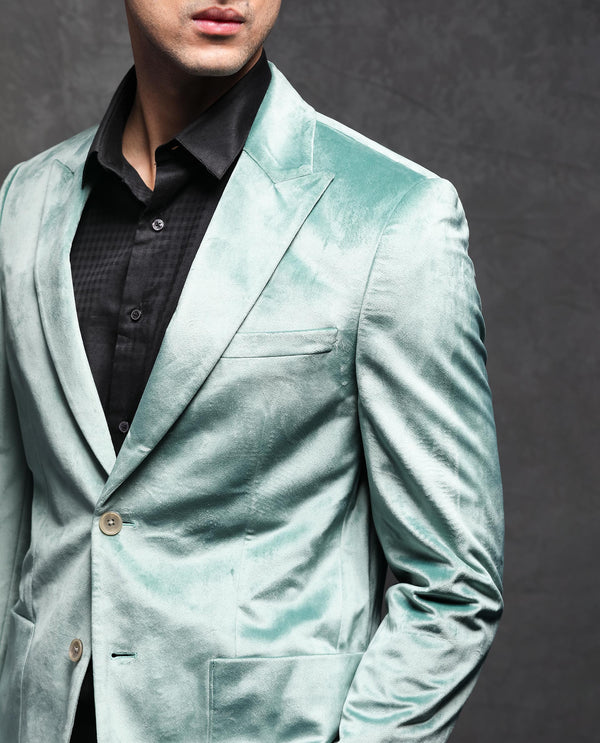 Rare Rabbit Men's Mazey Green Polyester Fabric Peak Lapel Single Breasted Tailored Fit Velvet Blazer