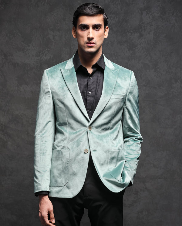 Rare Rabbit Men's Mazey Green Polyester Fabric Peak Lapel Single Breasted Tailored Fit Velvet Blazer