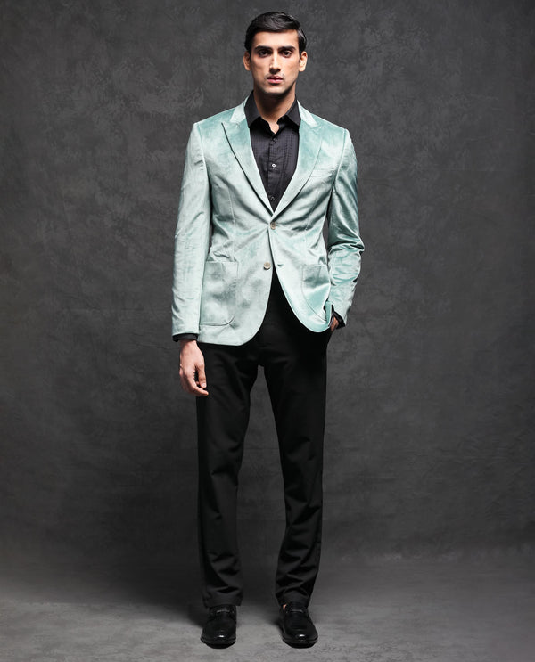 Rare Rabbit Men's Mazey Green Polyester Fabric Peak Lapel Single Breasted Tailored Fit Velvet Blazer