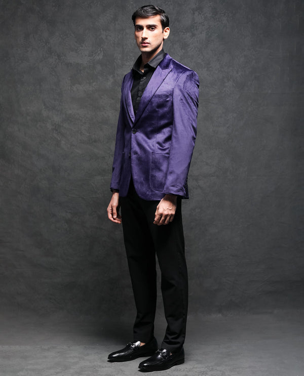 Rare Rabbit Men's Mazey Purple Polyester Fabric Peak Lapel Single Breasted Tailored Fit Velvet Blazer