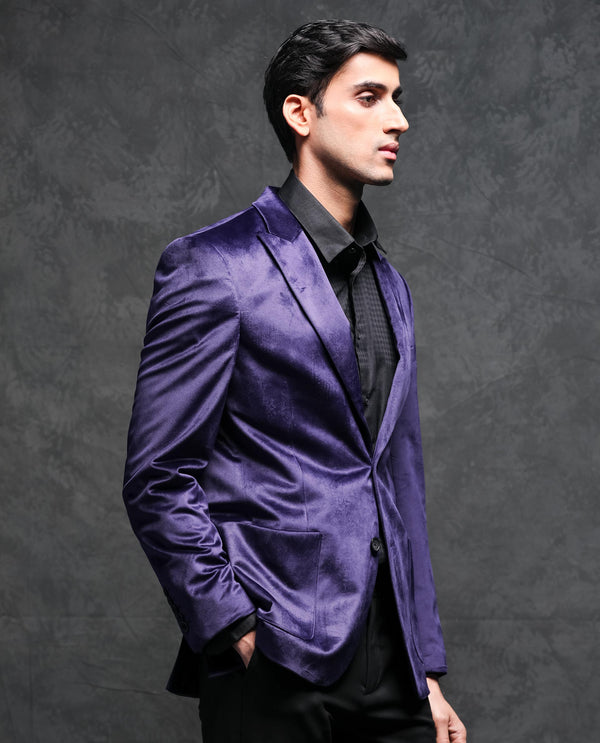 Rare Rabbit Men's Mazey Purple Polyester Fabric Peak Lapel Single Breasted Tailored Fit Velvet Blazer