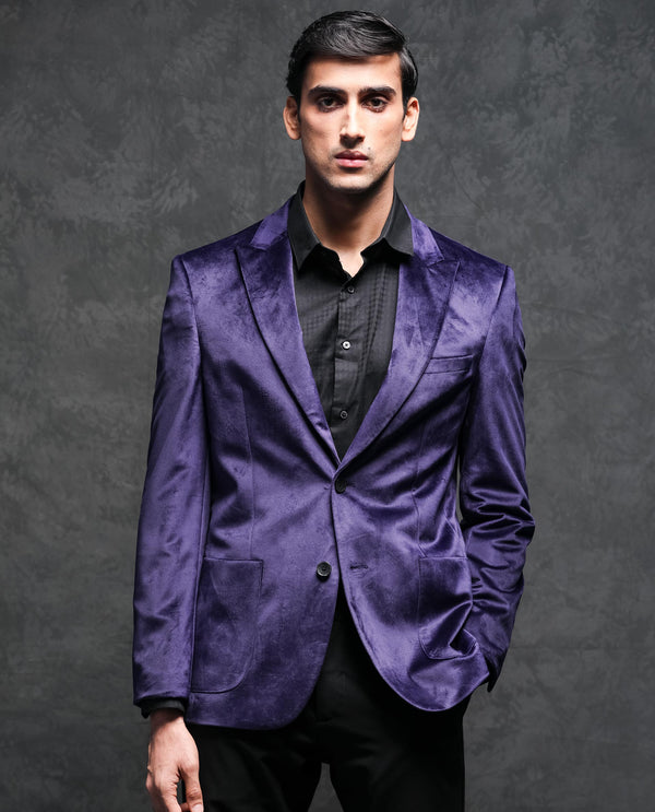 Rare Rabbit Men's Mazey Purple Polyester Fabric Peak Lapel Single Breasted Tailored Fit Velvet Blazer