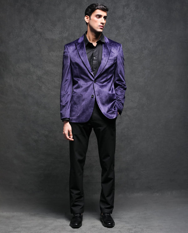 Rare Rabbit Men's Mazey Purple Polyester Fabric Peak Lapel Single Breasted Tailored Fit Velvet Blazer