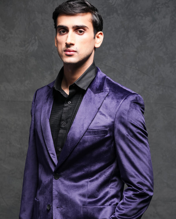 Rare Rabbit Men's Mazey Purple Polyester Fabric Peak Lapel Single Breasted Tailored Fit Velvet Blazer
