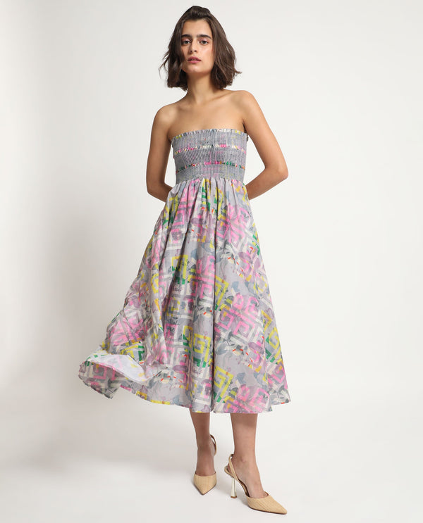Rareism Women Mazon Multi Cotton Fabric Sleeveless Tube Neck Shoulder Straps Fit And Flare Floral Print Midi Empire Dress