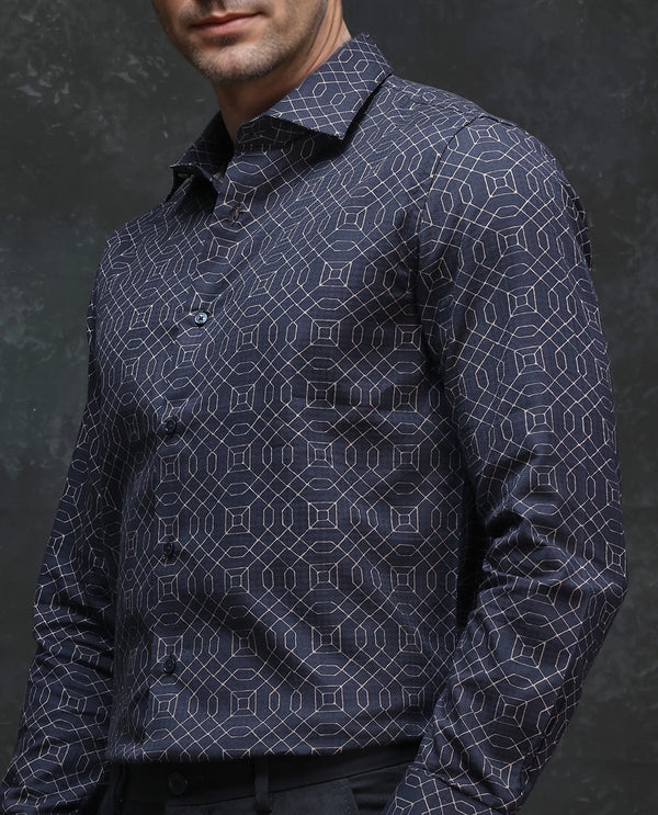 Rare Rabbit Men Mebo Black Cotton Viscose Fabric Full Sleeve Geometric Print Regular Fit Premium Party Shirt