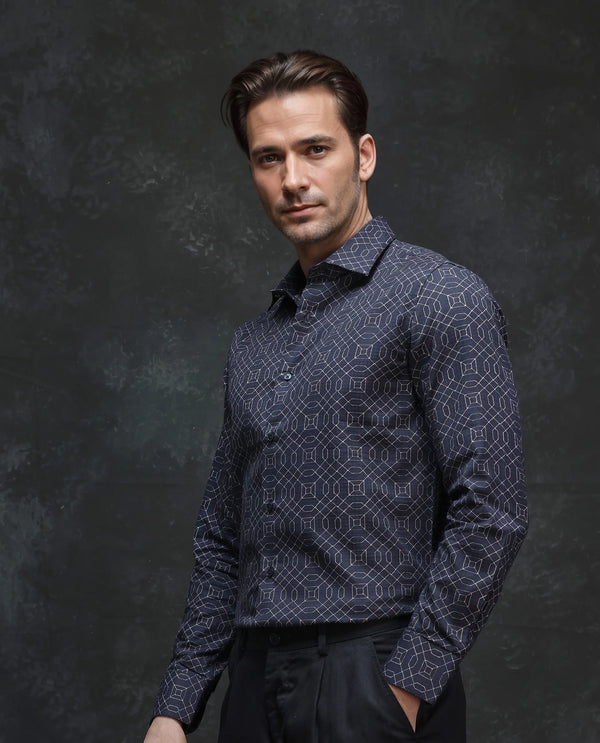 Rare Rabbit Men Mebo Black Cotton Viscose Fabric Full Sleeve Geometric Print Regular Fit Premium Party Shirt
