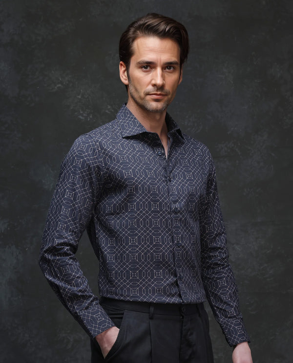 Rare Rabbit Men Mebo Black Cotton Viscose Fabric Full Sleeve Geometric Print Regular Fit Premium Party Shirt